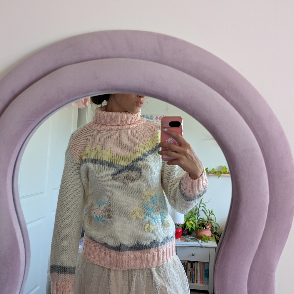 Cozy Pink and Cream Knit Turtleneck Sweater Size Medium